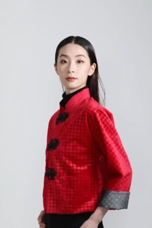 Yi-ming PANSY千鳥格絨雙面中式外套(紅/深灰)