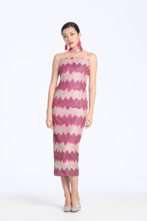 蔓越莓波浪紋刺繡網眼無袖及踝旗袍