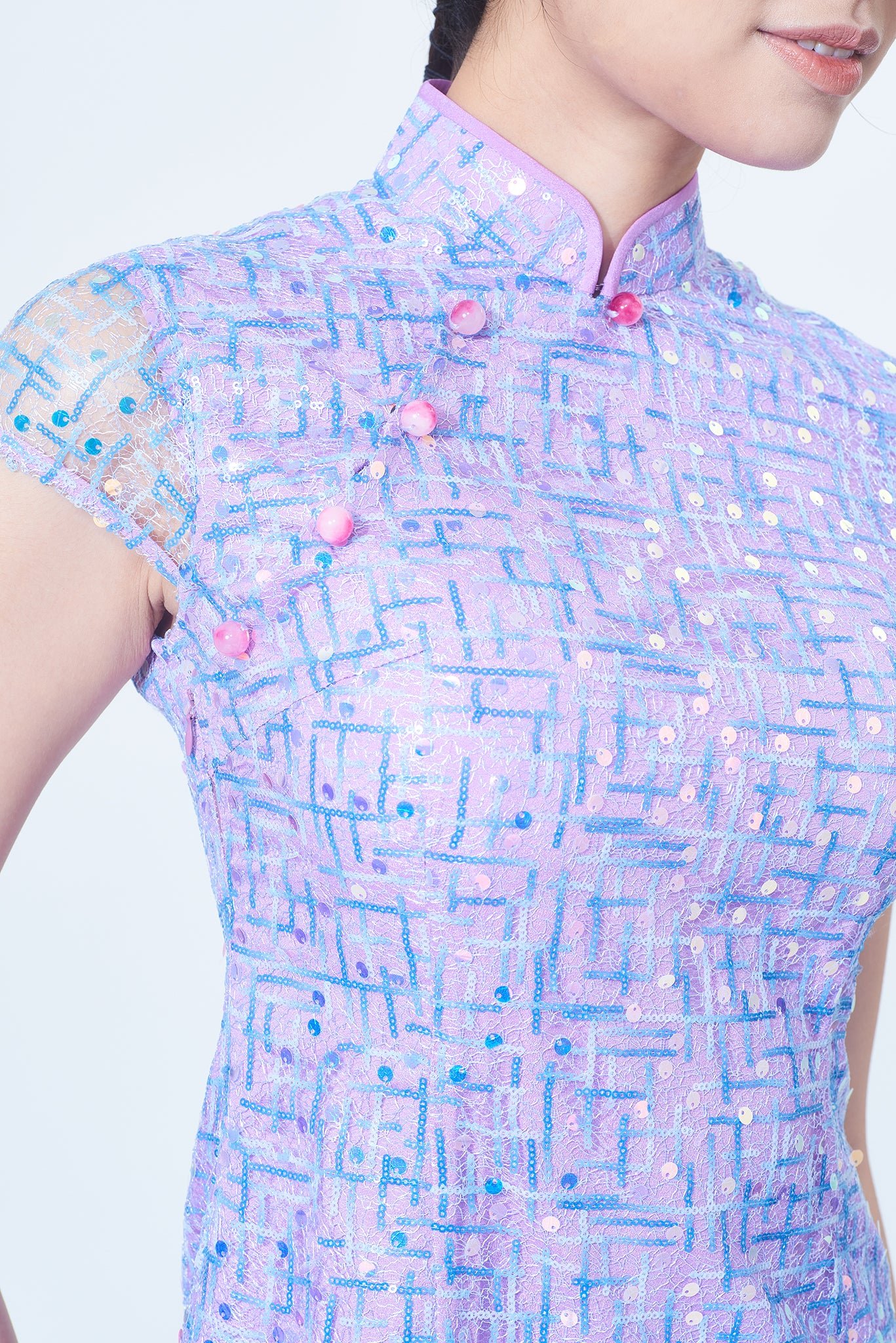 Yi-ming MARTHA 亮片紫色藍色長旗袍:圖片 2