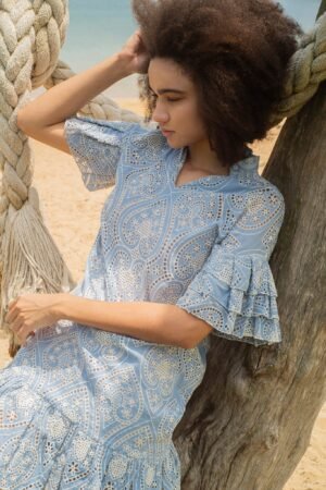 Yi-ming NIKI 多層褶落肩袖開領裙(藍色)