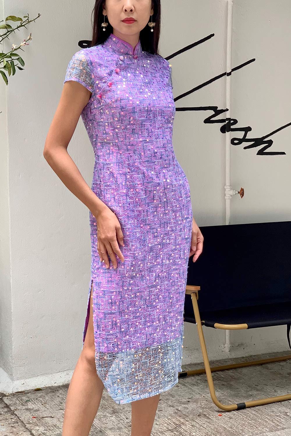 Yi-ming MARTHA 亮片紫色藍色長旗袍:圖片 4