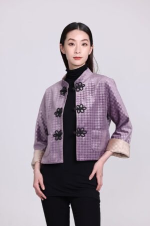 Yi-ming PANSY千鳥格絨雙面中式外套(紫/駝)